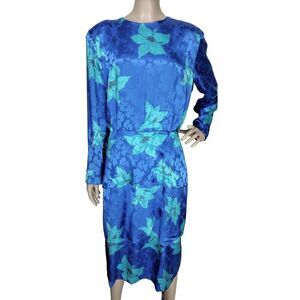 Vintage 80s RAOUL Blue Floral Brocade Peplum Secretary Midi Dress NEW